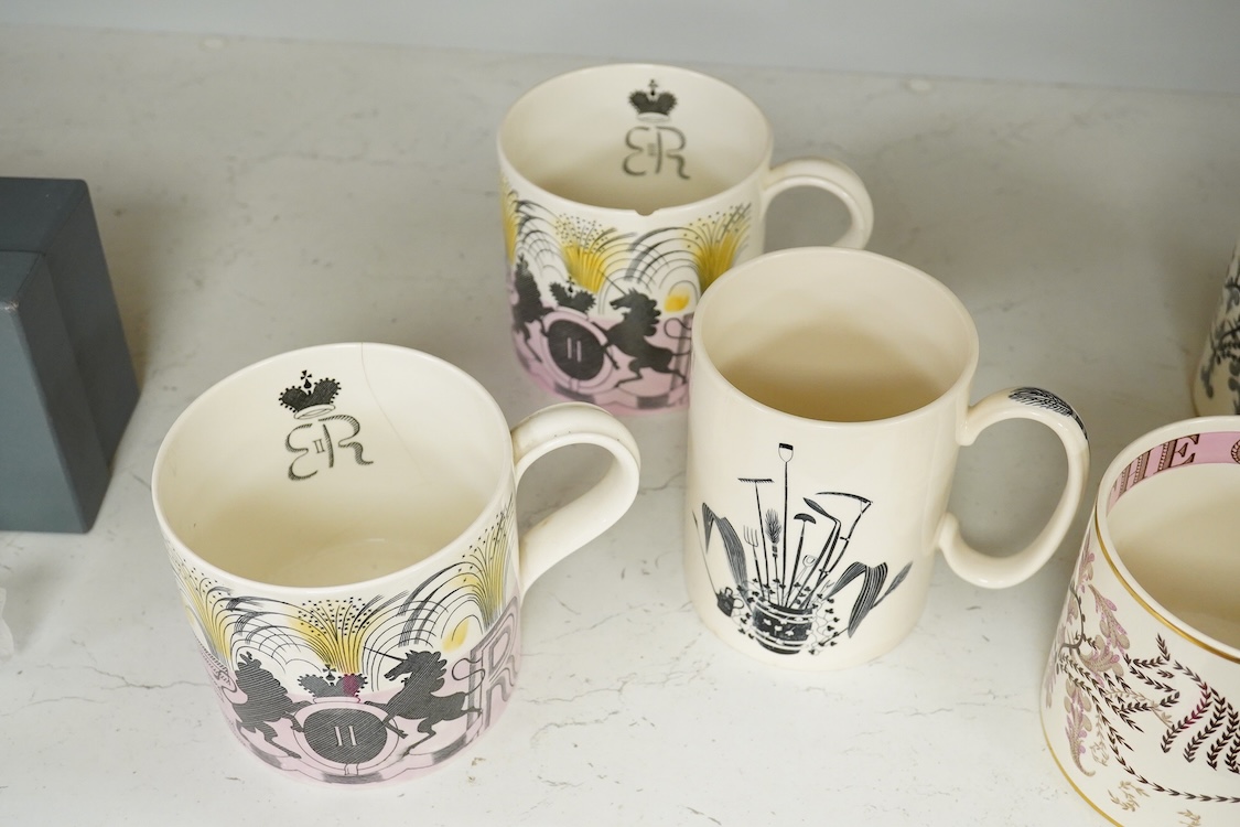 Six Wedgwood Commemorative mugs comprising Eric Ravilious 1953 Coronation of Queen Elizabeth examples and a 1939 Garden Implements example, largest 12cm high (four a.f)